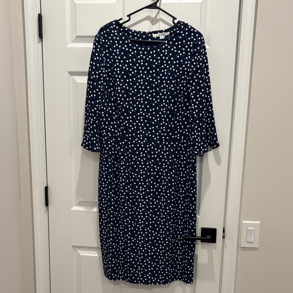 Boden Elegant Navy Polka Dot Dress flowy 3/4 sleeves